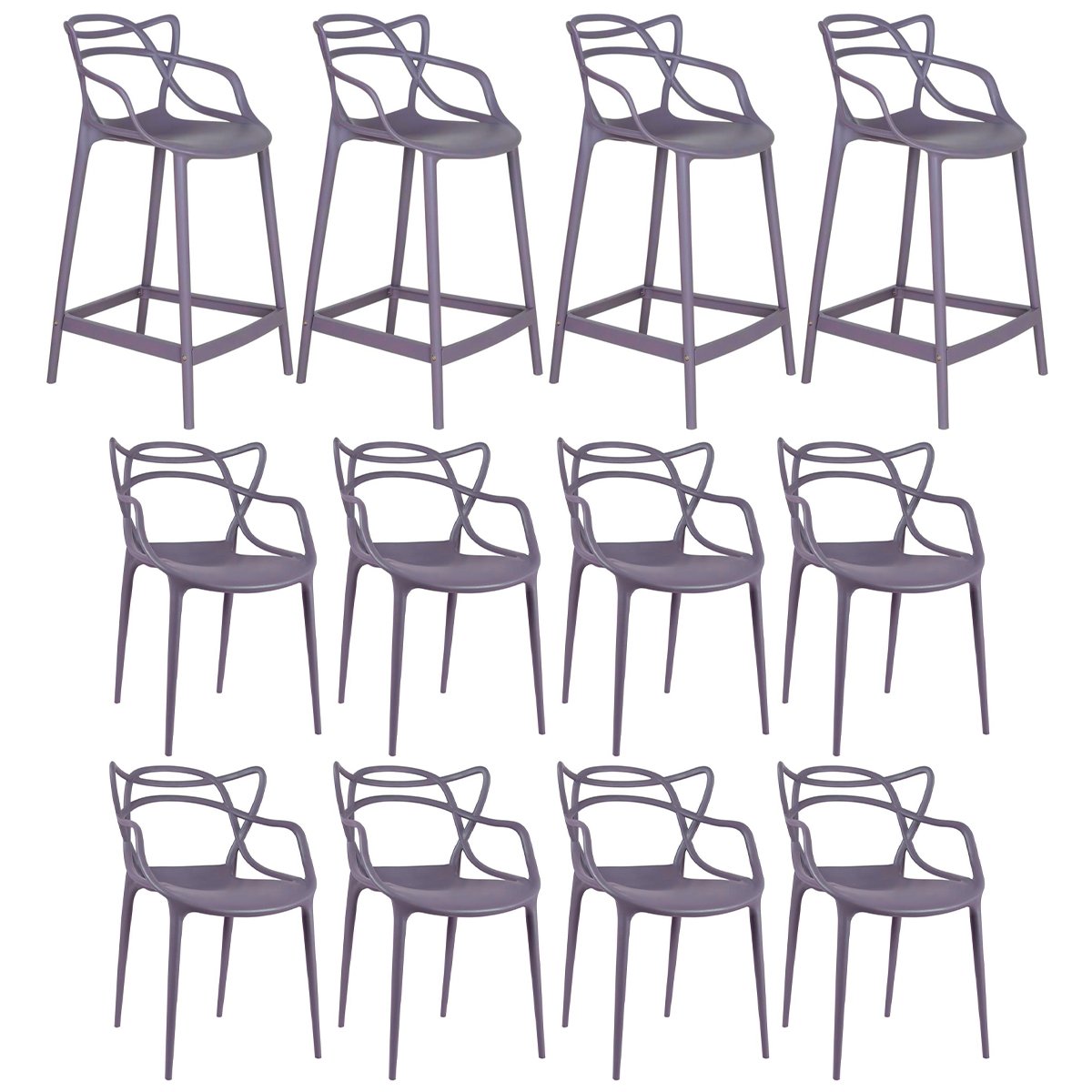 Kit 8 cadeiras + 4 banquetas médias Masters Allegra Cinza névoa