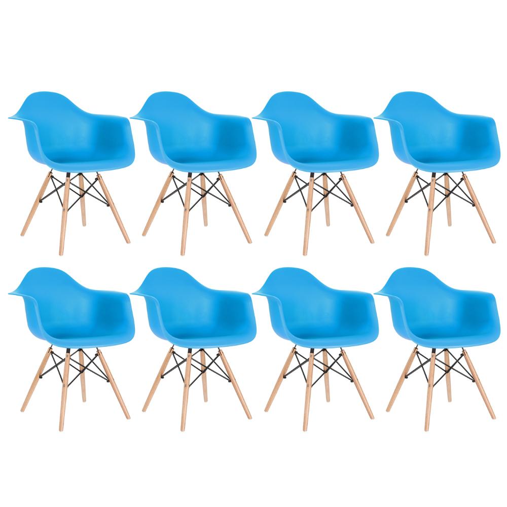Kit 8 cadeiras Charles Eames Eiffel DAW com braços e pés de madeira clara Azul céu