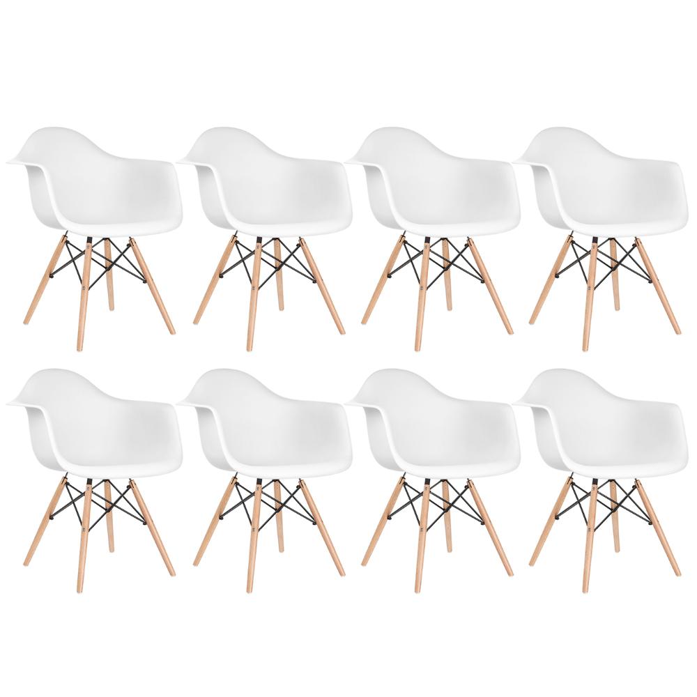 Kit 8 cadeiras Charles Eames Eiffel DAW com braços e pés de madeira clara Branco