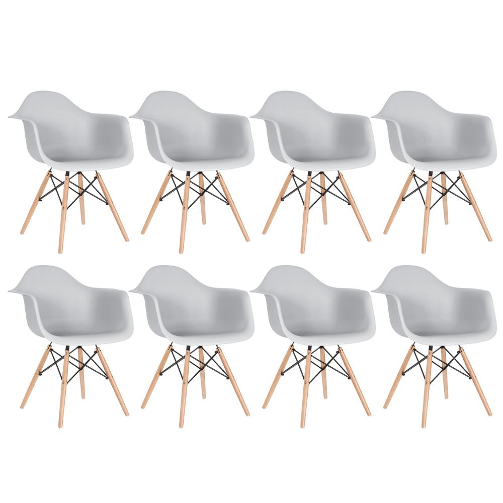 Kit 8 cadeiras Charles Eames Eiffel DAW com braços e pés de madeira clara Cinza claro