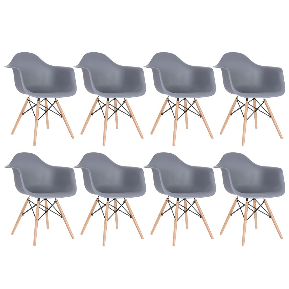 Kit 8 cadeiras Charles Eames Eiffel DAW com braços e pés de madeira clara Cinza escuro