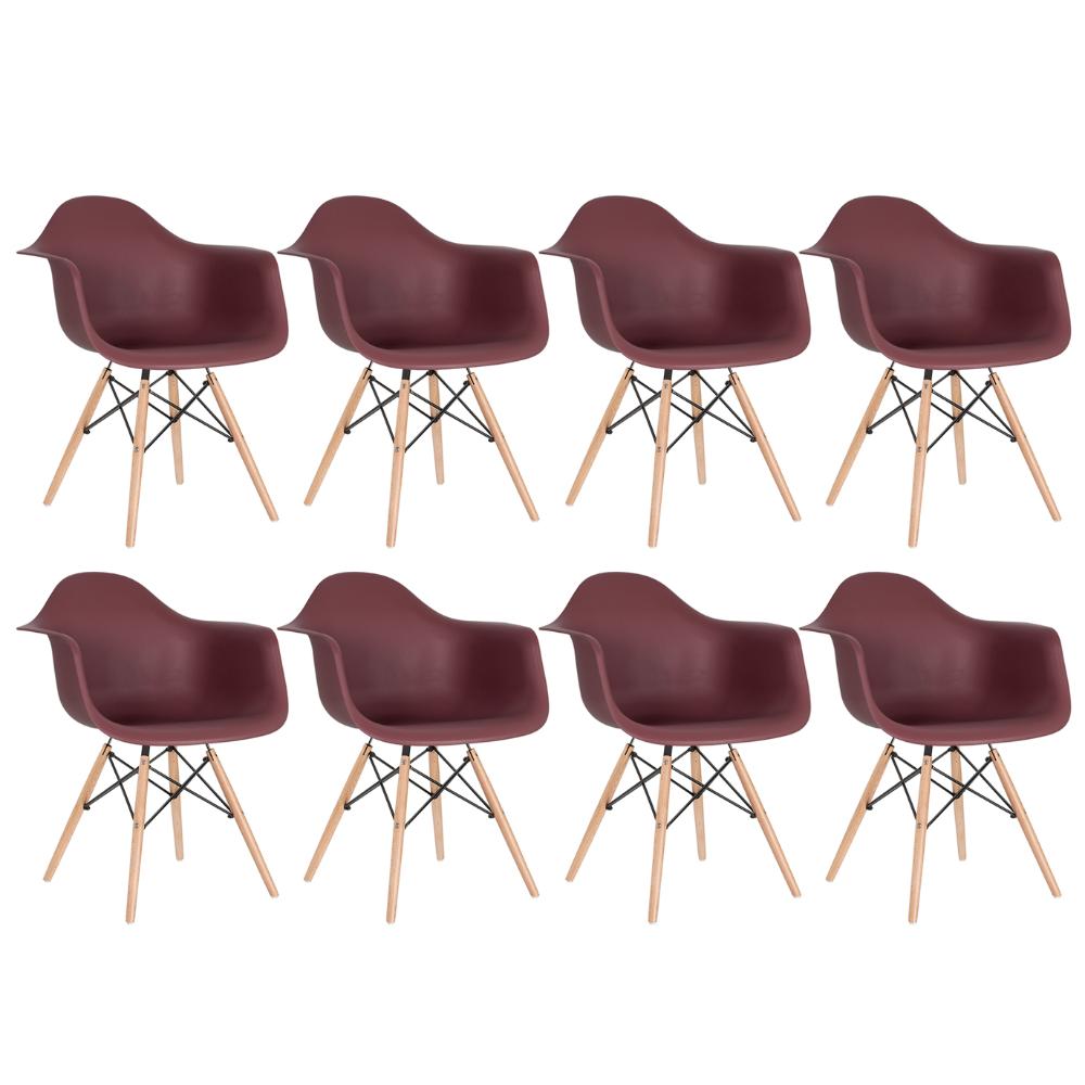 Kit 8 cadeiras Charles Eames Eiffel DAW com braços e pés de madeira clara Marrom