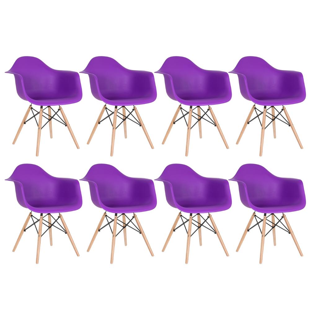 Kit 8 cadeiras Charles Eames Eiffel DAW com braços e pés de madeira clara Roxo