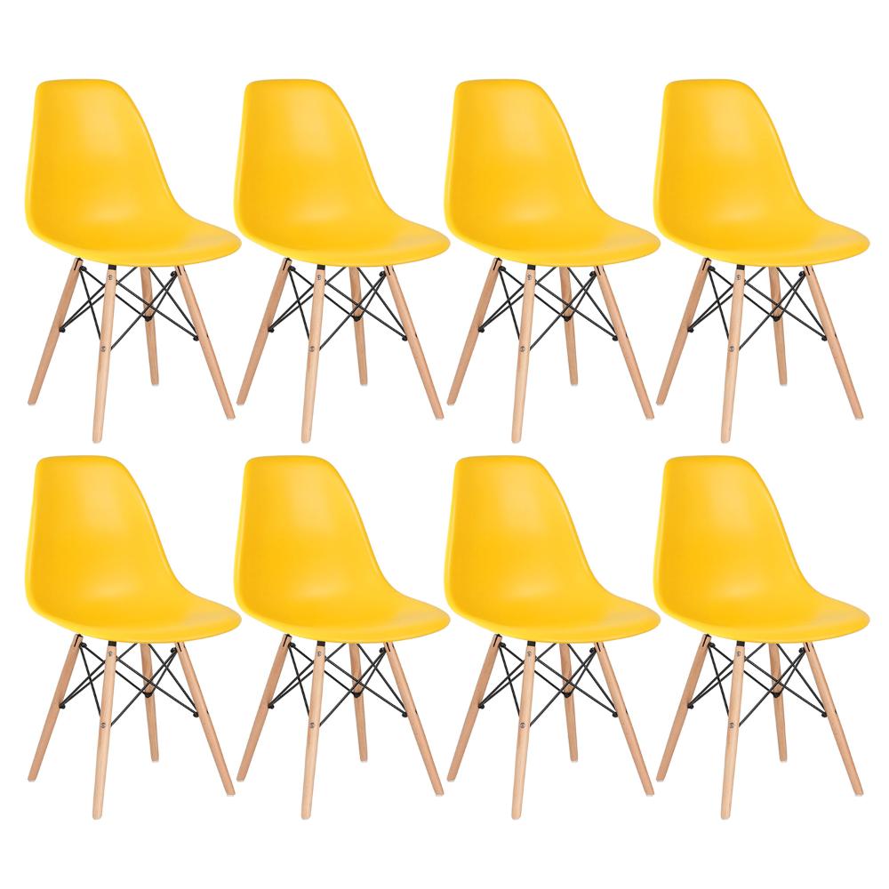 Kit 8 cadeiras Charles Eames Eiffel DSW com pés de madeira clara Amarelo