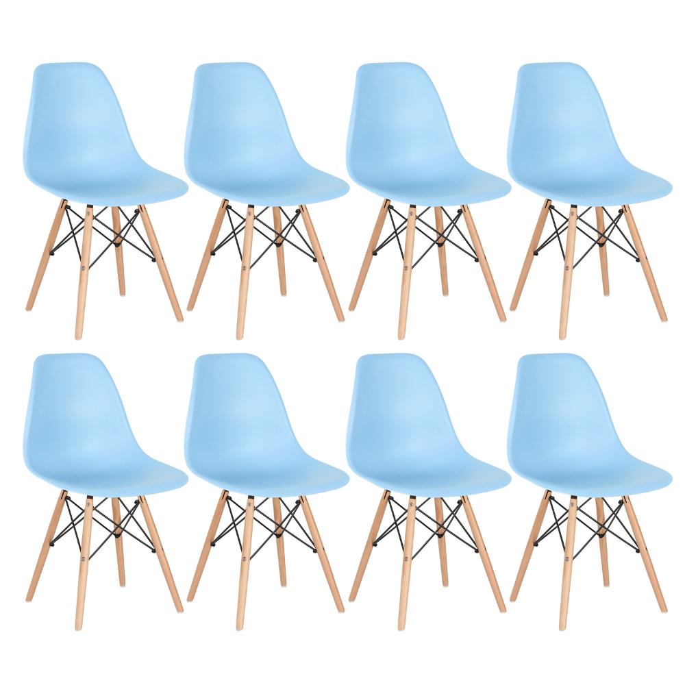 Kit 8 cadeiras Charles Eames Eiffel DSW com pés de madeira clara Azul claro - Assento nacional - DESATIVADO