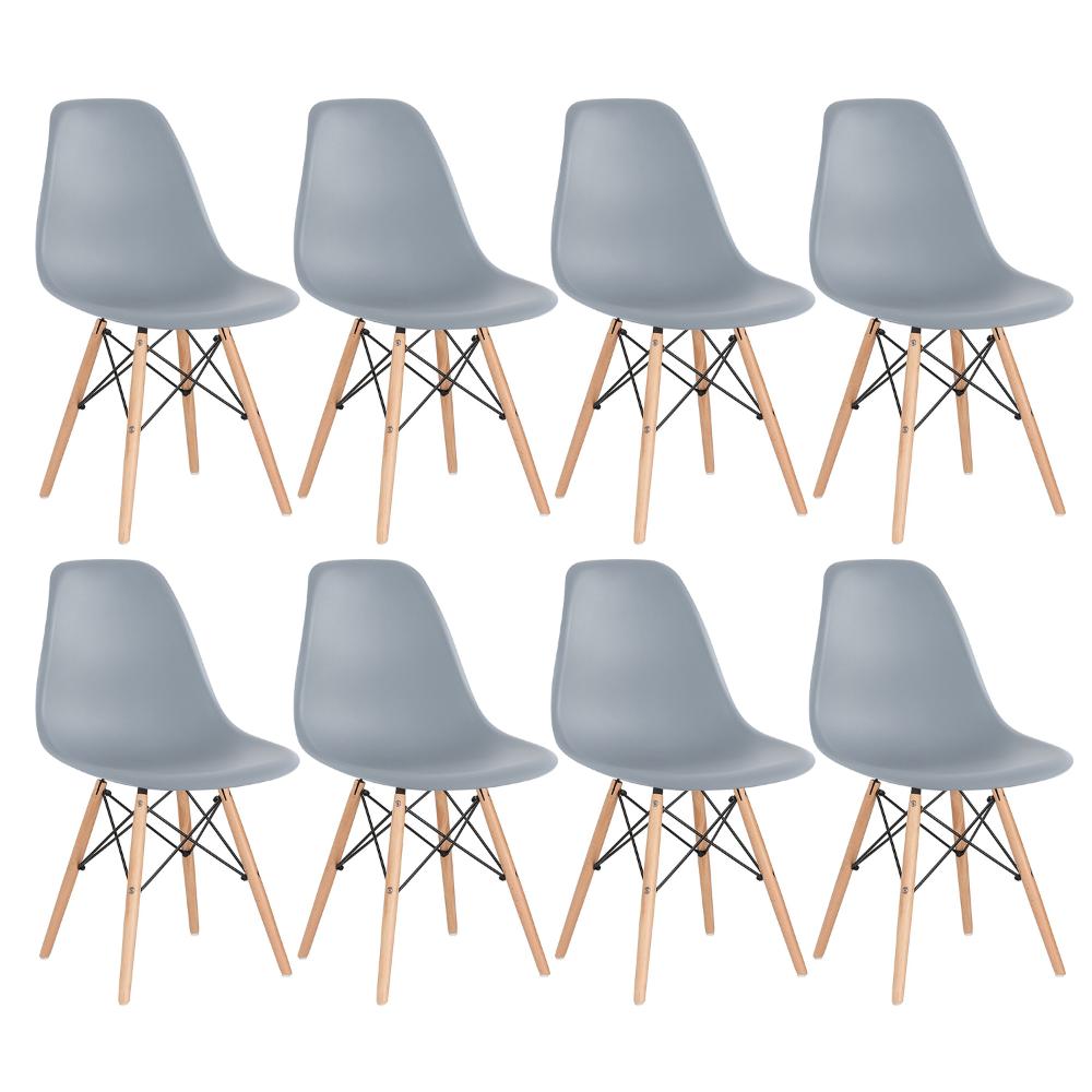 Kit 8 cadeiras Charles Eames Eiffel DSW com pés de madeira clara Cinza médio - Assento nacional - DESATIVADO