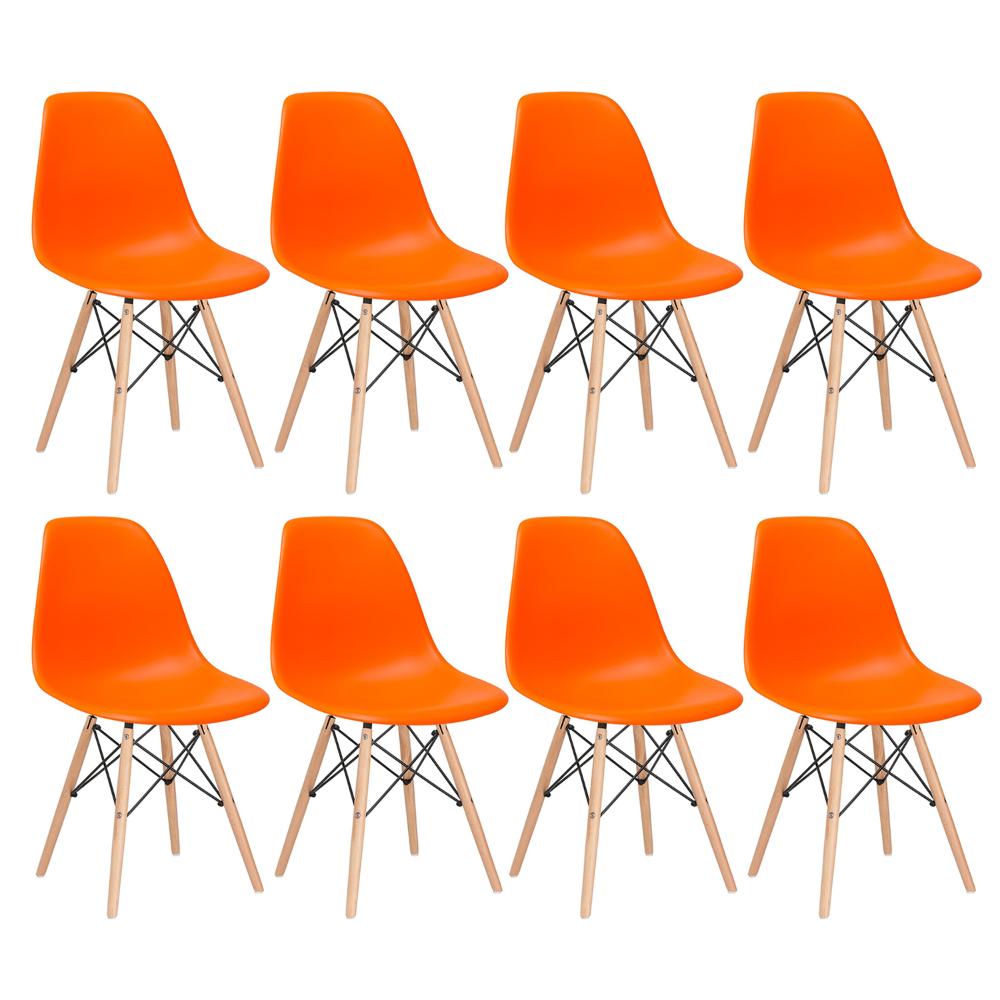 Kit 8 cadeiras Charles Eames Eiffel DSW com pés de madeira clara Laranja
