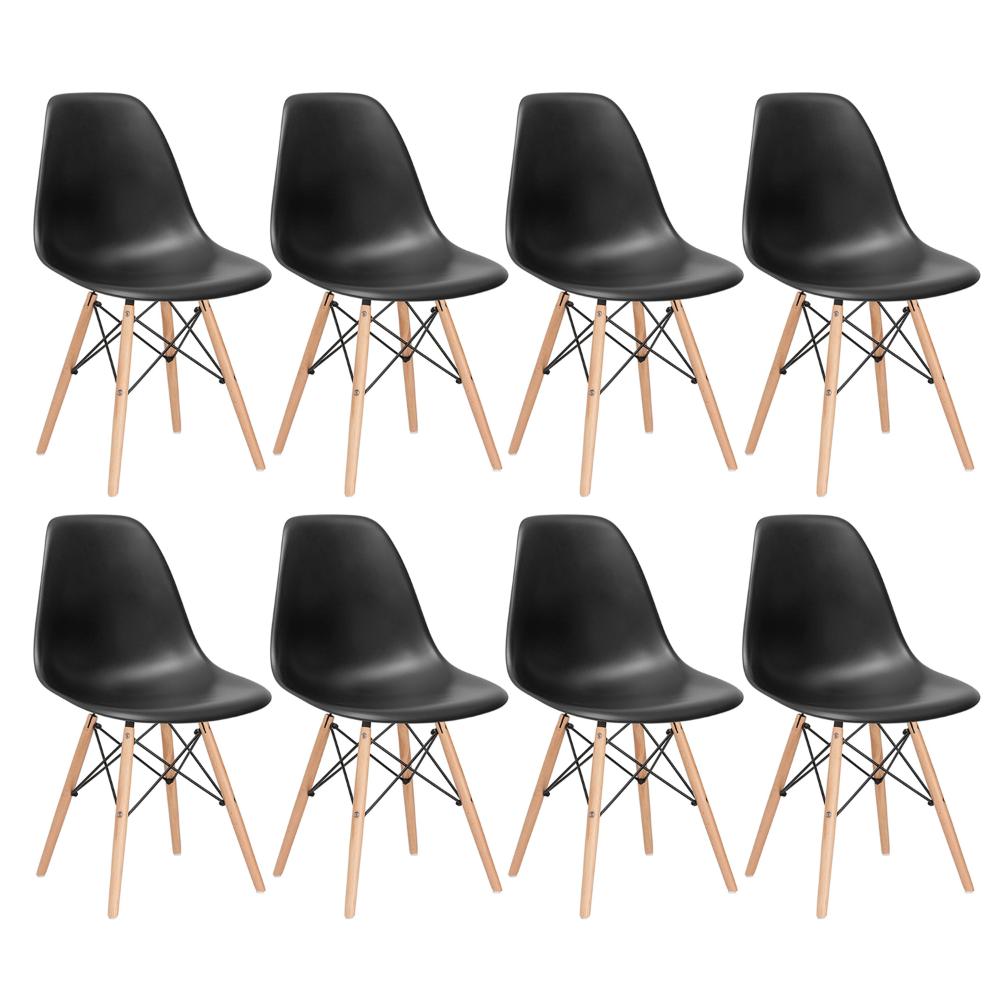 Kit 8 cadeiras Charles Eames Eiffel DSW com pés de madeira clara Preto