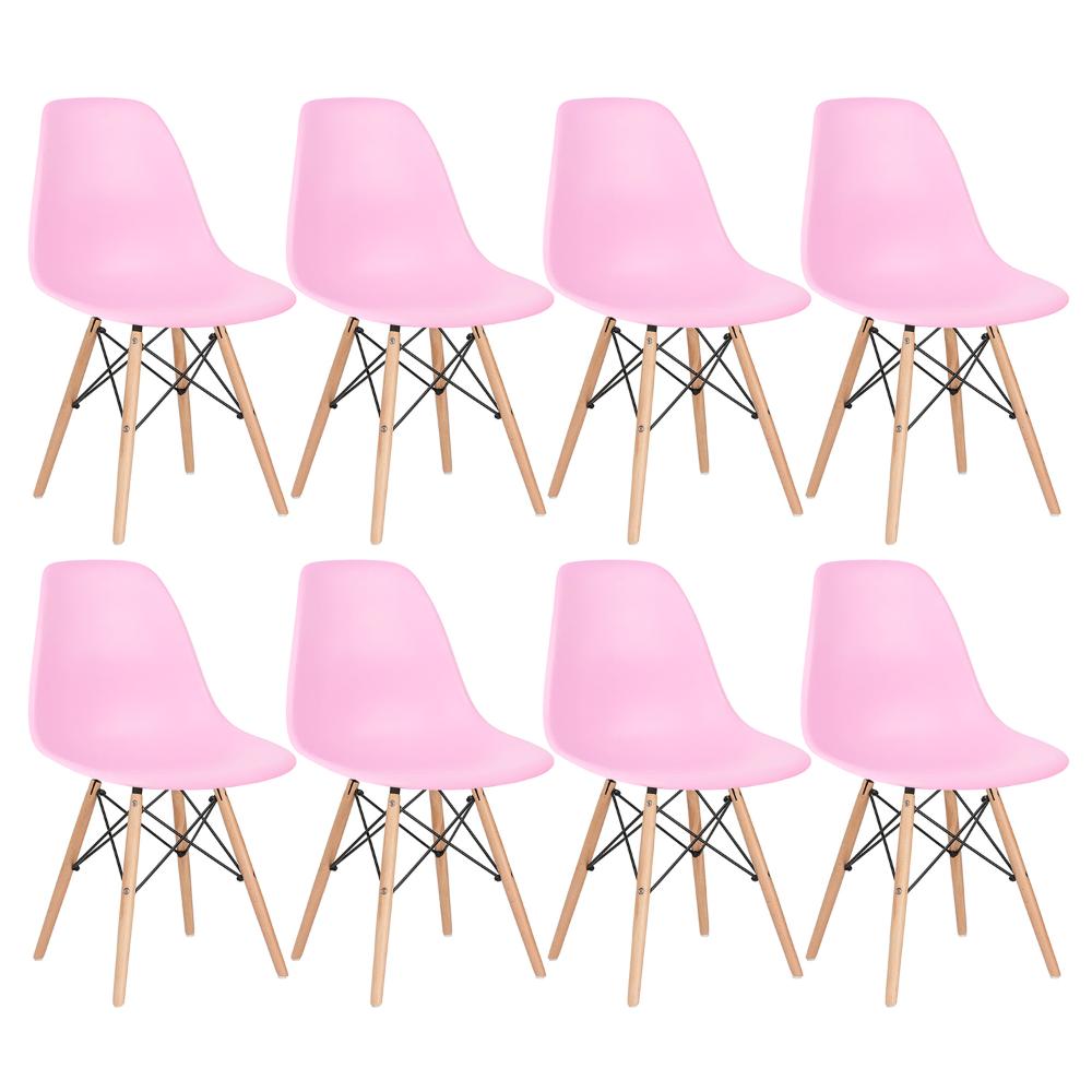 Kit 8 cadeiras Charles Eames Eiffel DSW com pés de madeira clara Rosa claro