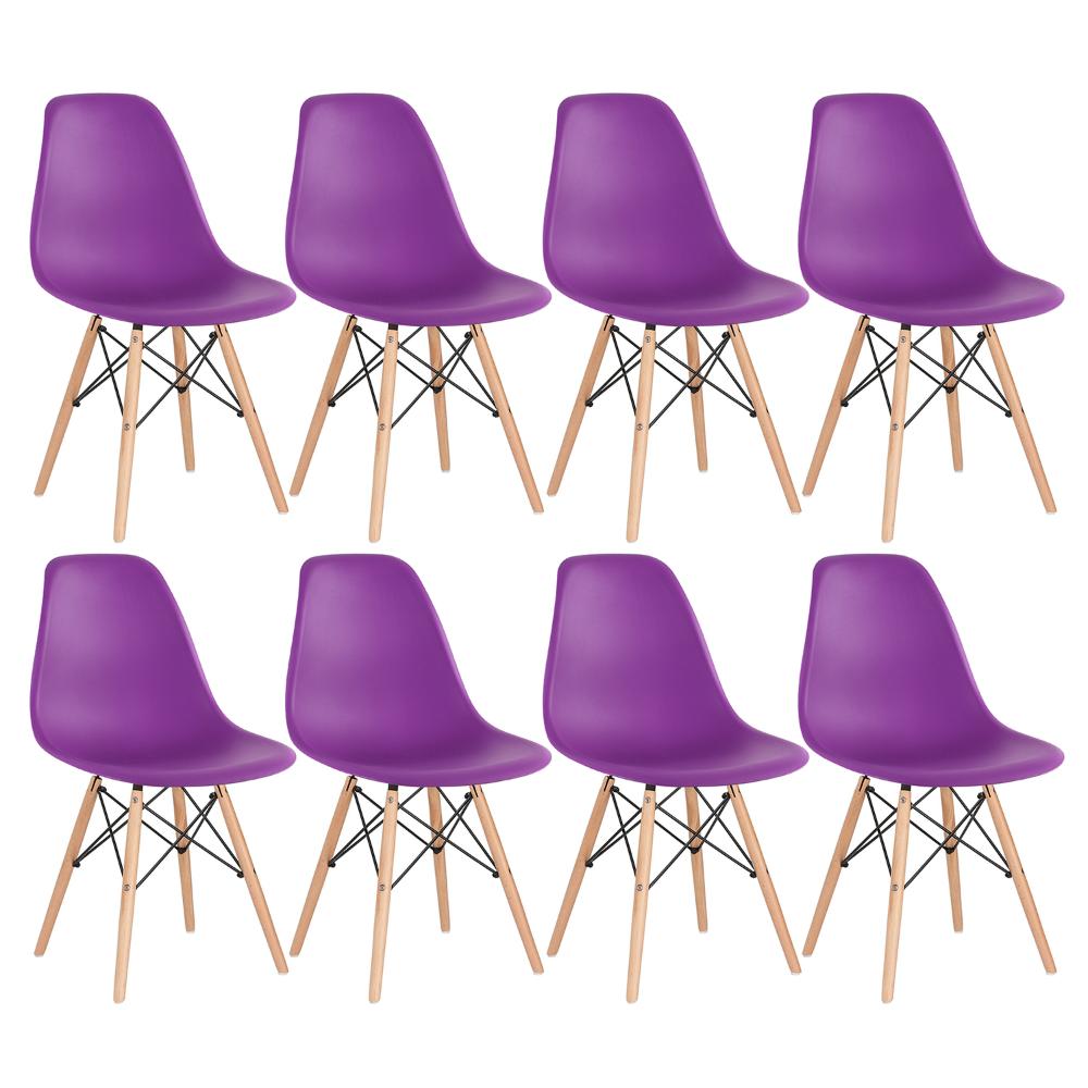 Kit 8 cadeiras Charles Eames Eiffel DSW com pés de madeira clara Roxo