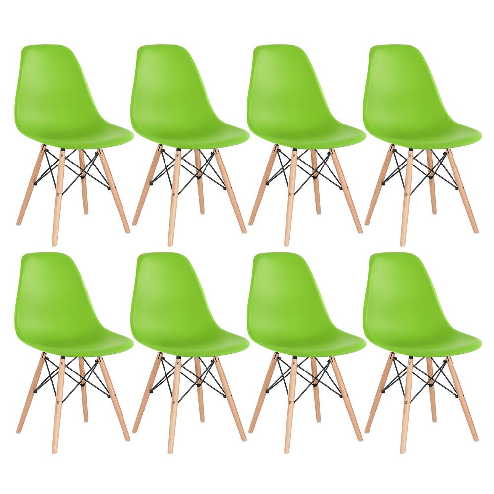Kit 8 cadeiras Charles Eames Eiffel DSW com pés de madeira clara Verde claro