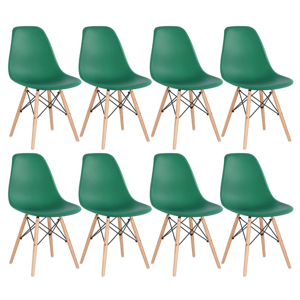 Kit 8 cadeiras Charles Eames Eiffel DSW com pés de madeira clara Verde escuro