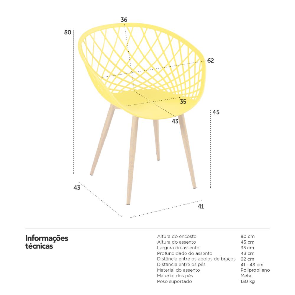 Kit 8 cadeiras Clarice Nest Sidera com apoio de braços Amarelo