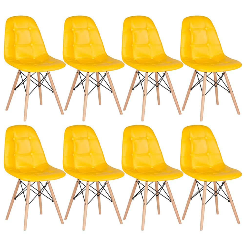 Kit 8 cadeiras estofadas Charles Eames Eiffel Botonê com pés de madeira clara Amarelo