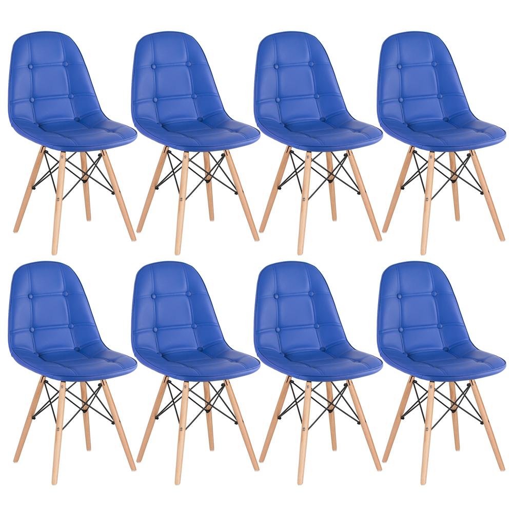 Kit 8 cadeiras estofadas Charles Eames Eiffel Botonê com pés de madeira clara Azul