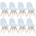 Kit 8 cadeiras estofadas Charles Eames Eiffel Botonê com pés de madeira clara Azul claro