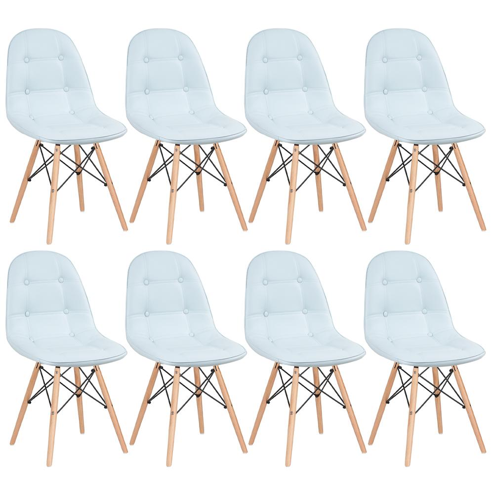 Kit 8 cadeiras estofadas Charles Eames Eiffel Botonê com pés de madeira clara Azul claro