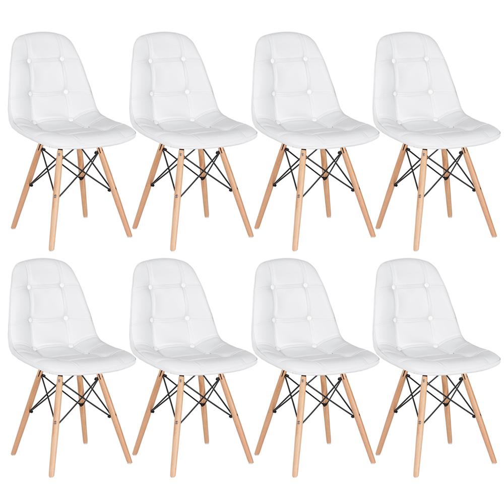 Kit 8 cadeiras estofadas Charles Eames Eiffel Botonê com pés de madeira clara Branco