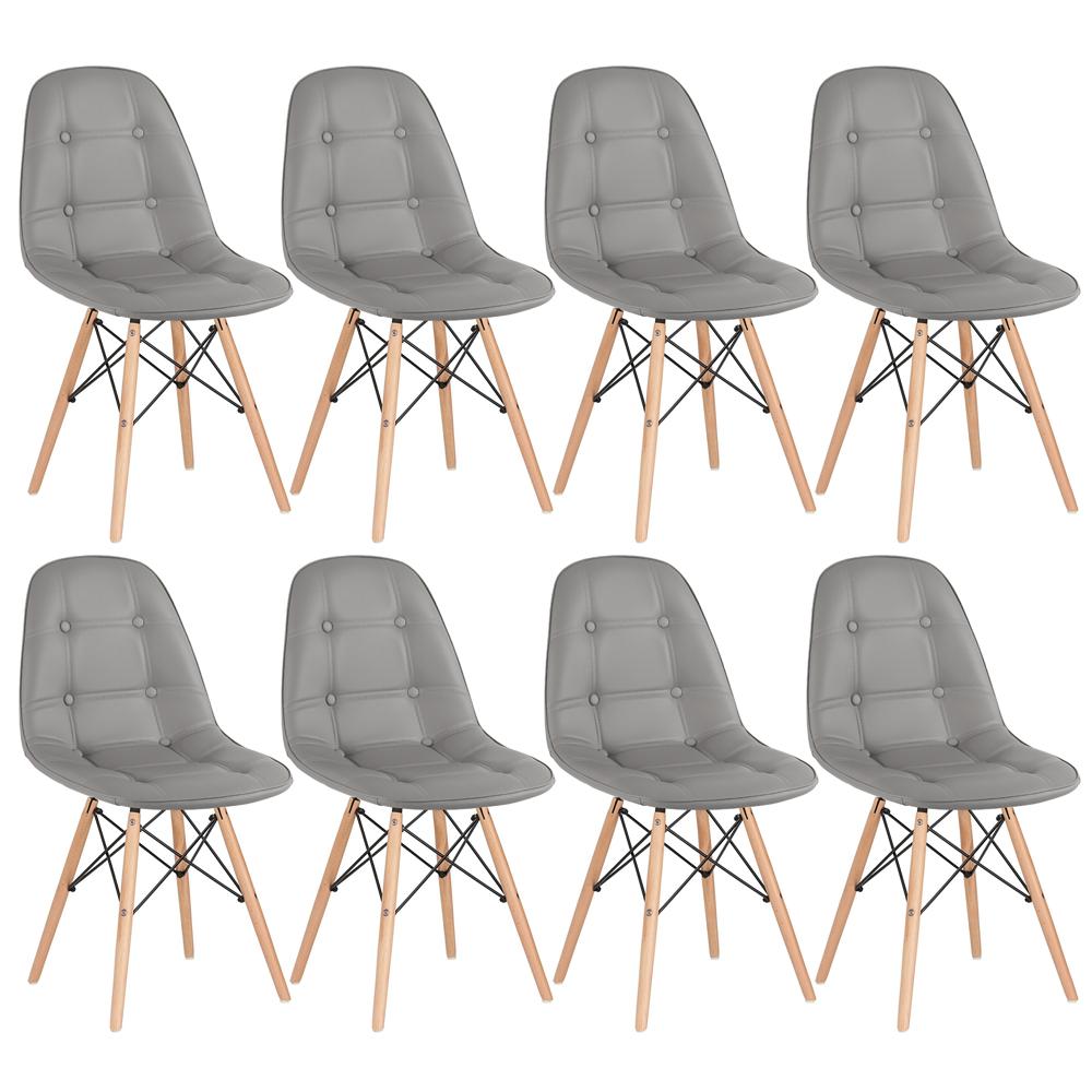 Kit 8 cadeiras estofadas Charles Eames Eiffel Botonê com pés de madeira clara Cinza
