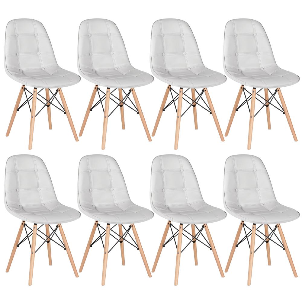 Kit 8 cadeiras estofadas Charles Eames Eiffel Botonê com pés de madeira clara Cinza-claro