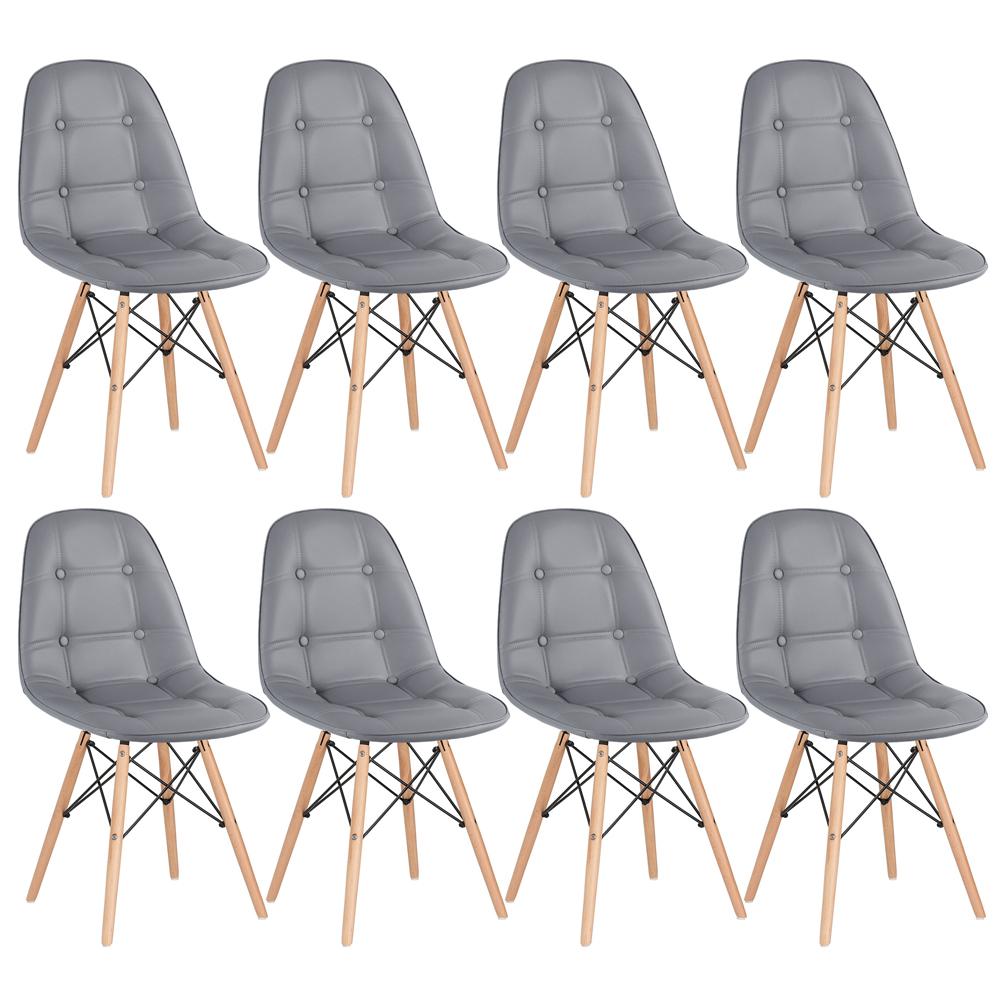 Kit 8 cadeiras estofadas Charles Eames Eiffel Botonê com pés de madeira clara Cinza escuro