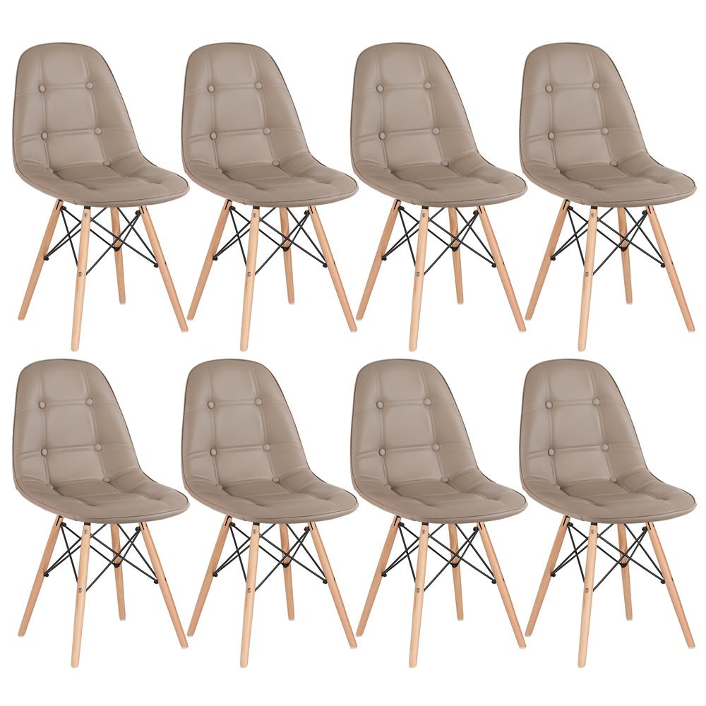 Kit 8 cadeiras estofadas Charles Eames Eiffel Botonê com pés de madeira clara Nude