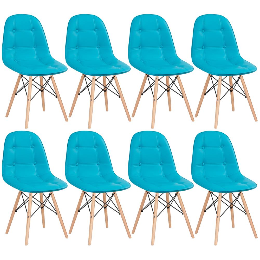 Kit 8 cadeiras estofadas Charles Eames Eiffel Botonê com pés de madeira clara Tiffany