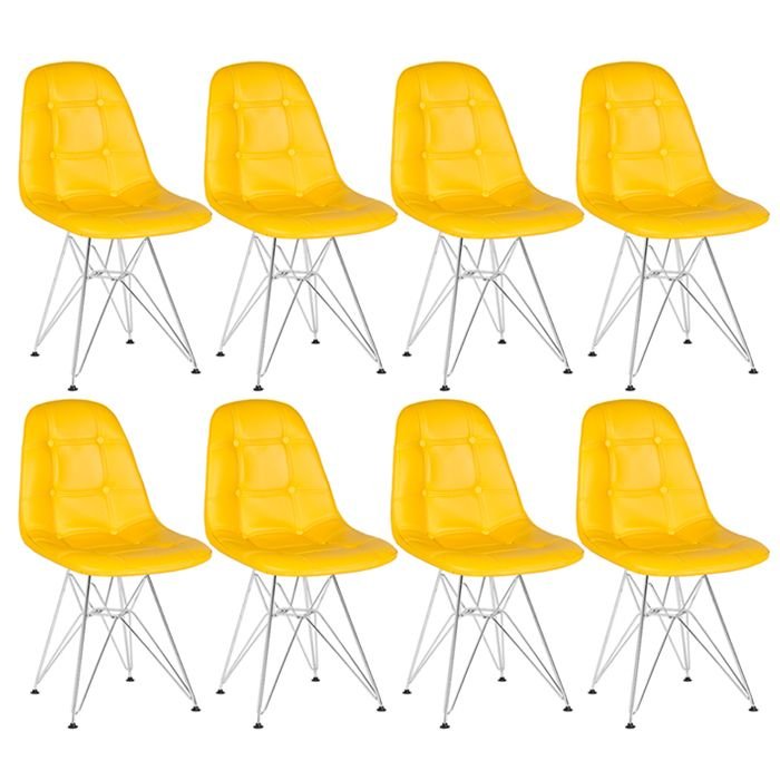 Kit 8 cadeiras estofadas Charles Eames Eiffel Botonê com pés de metal cromado Amarelo