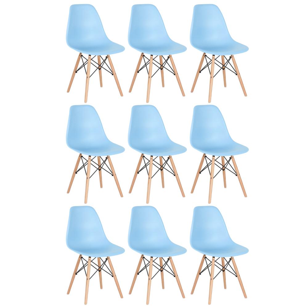 Kit 9 cadeiras Charles Eames Eiffel DSW com pés de madeira clara Azul claro - Assento nacional - DESATIVADO