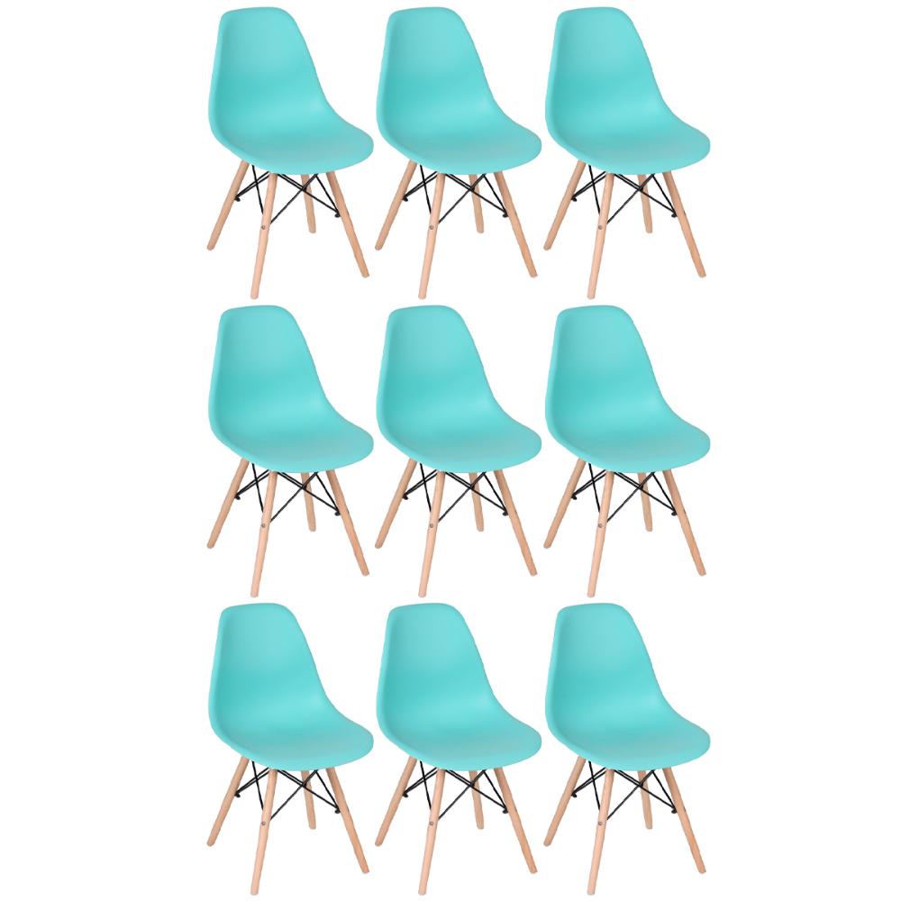 Kit 9 cadeiras Charles Eames Eiffel DSW com pés de madeira clara Verde Tiffany - Assento nacional - DESATIVADO