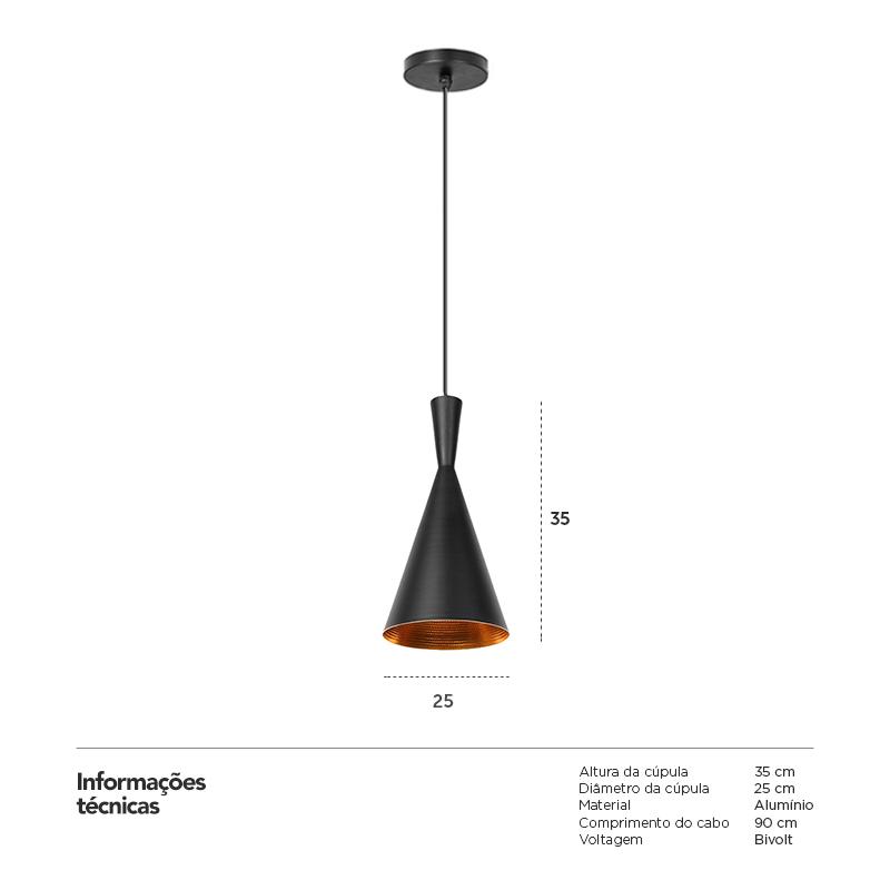 Luminária pendente Tom Dixon Beat Tall Funil Preto com interior cobre
