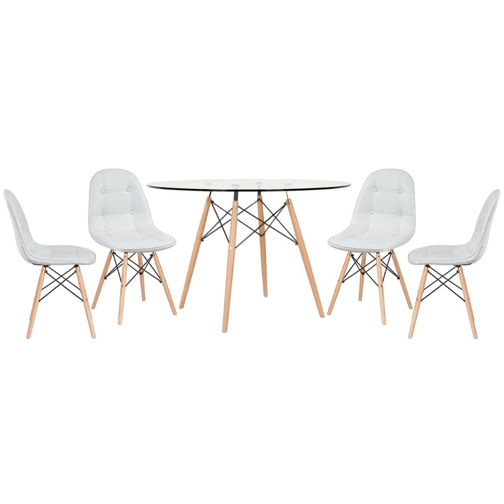 Mesa Eames com tampo de vidro 120 cm + 4 cadeiras estofadas Eiffel Botonê Cinza claro