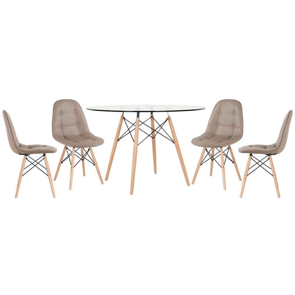 Mesa Eames com tampo de vidro 120 cm + 4 cadeiras estofadas Eiffel Botonê Nude