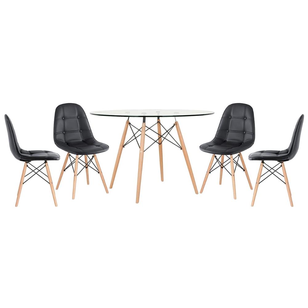 Mesa Eames com tampo de vidro 120 cm + 4 cadeiras estofadas Eiffel Botonê Preto