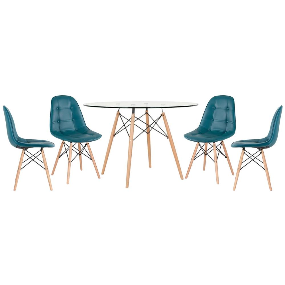 Mesa Eames com tampo de vidro 120 cm + 4 cadeiras estofadas Eiffel Botonê Turquesa