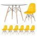 Mesa Eames com tampo de vidro 120 cm + 6 cadeiras estofadas Eiffel Botonê Amarelo