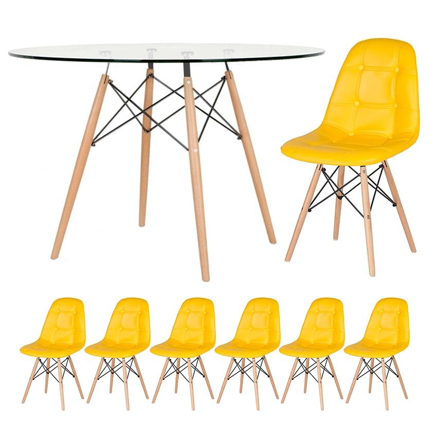 Mesa Eames com tampo de vidro 120 cm + 6 cadeiras estofadas Eiffel Botonê Amarelo