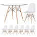Mesa Eames com tampo de vidro 120 cm + 6 cadeiras estofadas Eiffel Botonê Branco