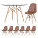 Mesa Eames com tampo de vidro 120 cm + 6 cadeiras estofadas Eiffel Botonê Marrom