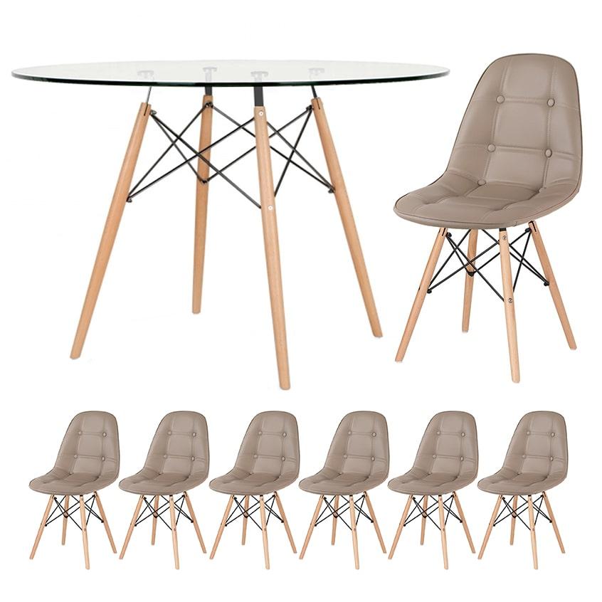 Mesa Eames com tampo de vidro 120 cm + 6 cadeiras estofadas Eiffel Botonê Nude