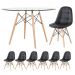 Mesa Eames com tampo de vidro 120 cm + 6 cadeiras estofadas Eiffel Botonê Preto