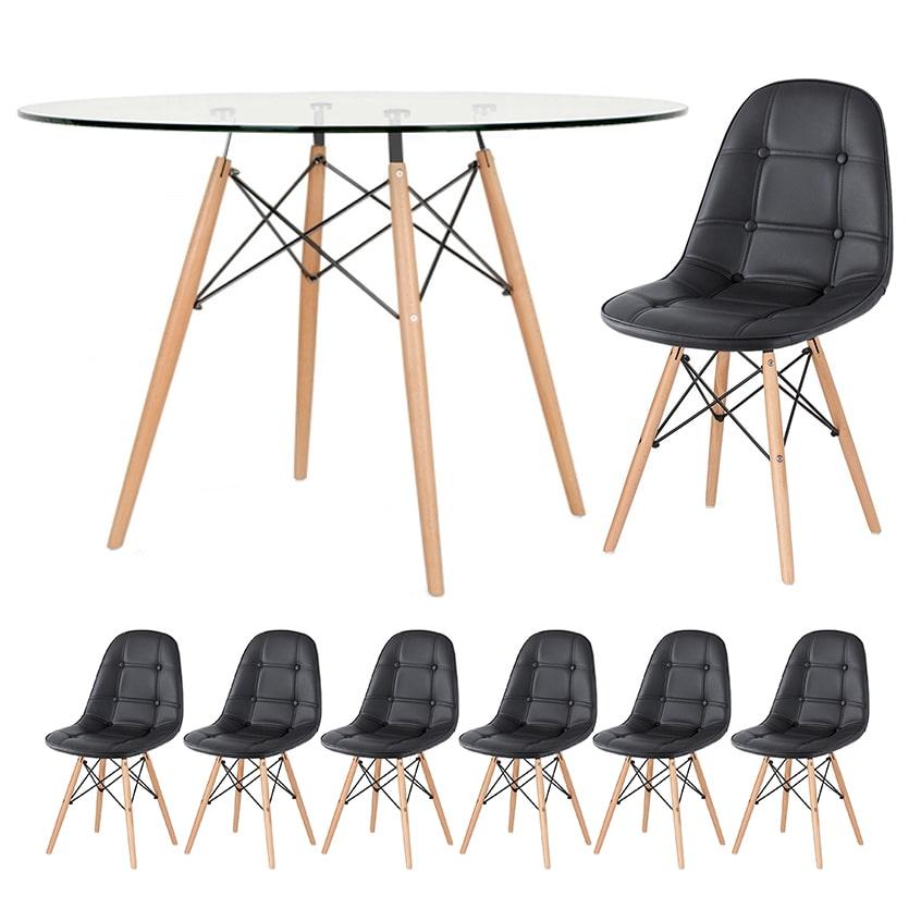 Mesa Eames com tampo de vidro 120 cm + 6 cadeiras estofadas Eiffel Botonê Preto