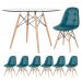 Mesa Eames com tampo de vidro 120 cm + 6 cadeiras estofadas Eiffel Botonê Turquesa