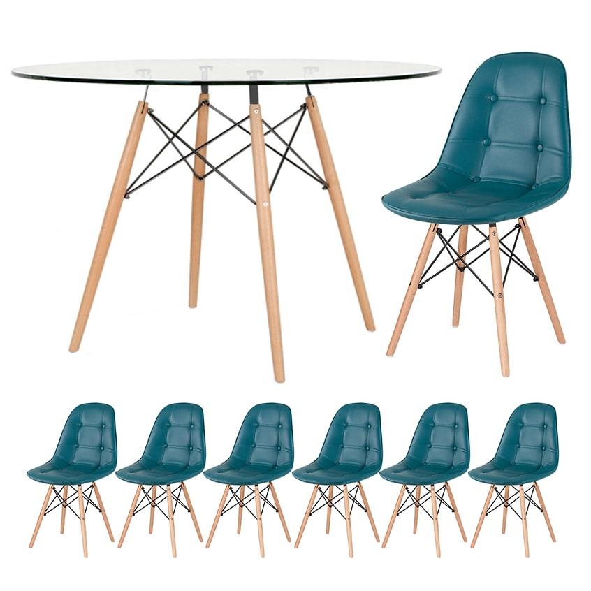 Mesa Eames com tampo de vidro 120 cm + 6 cadeiras estofadas Eiffel Botonê Turquesa