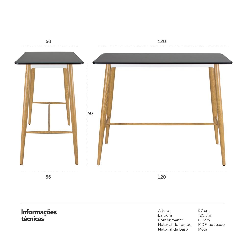 Mesa alta bancada retangular 60 x 120 cm Preto