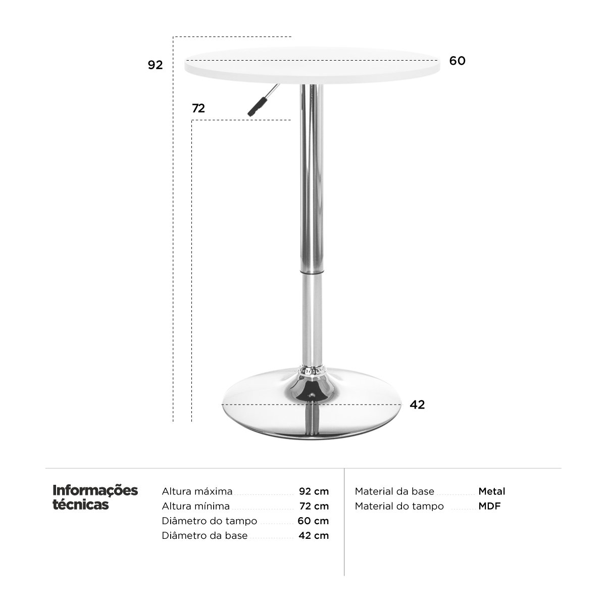 Mesa alta bar bistro Apollo redonda 60 cm tampo madeira ajustável Preto
