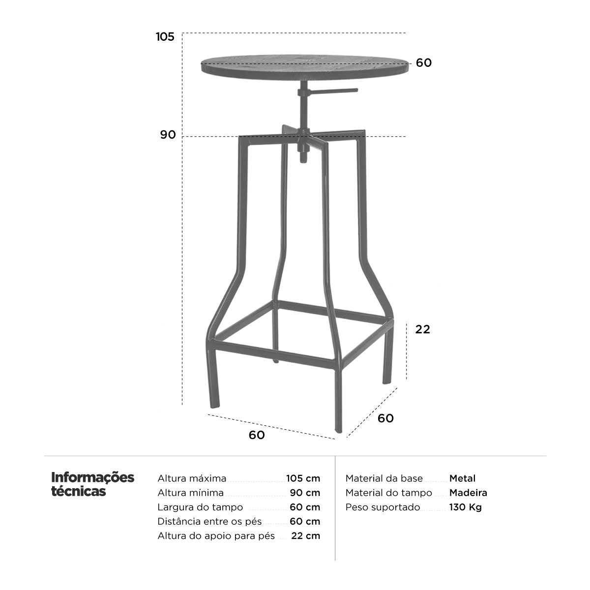 Mesa alta bistro bar industrial tampo madeira loft Turner Preto