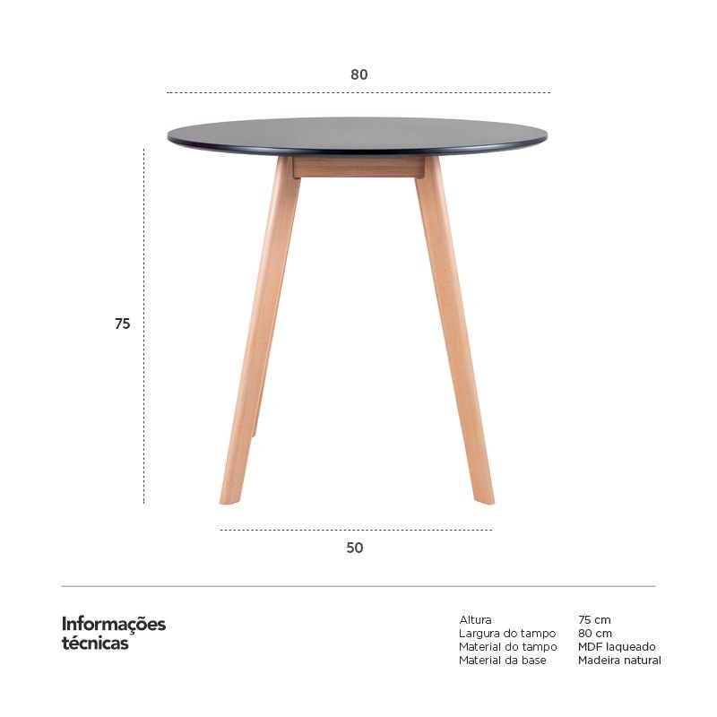 Mesa de jantar cozinha redonda Leda 80 cm Preto