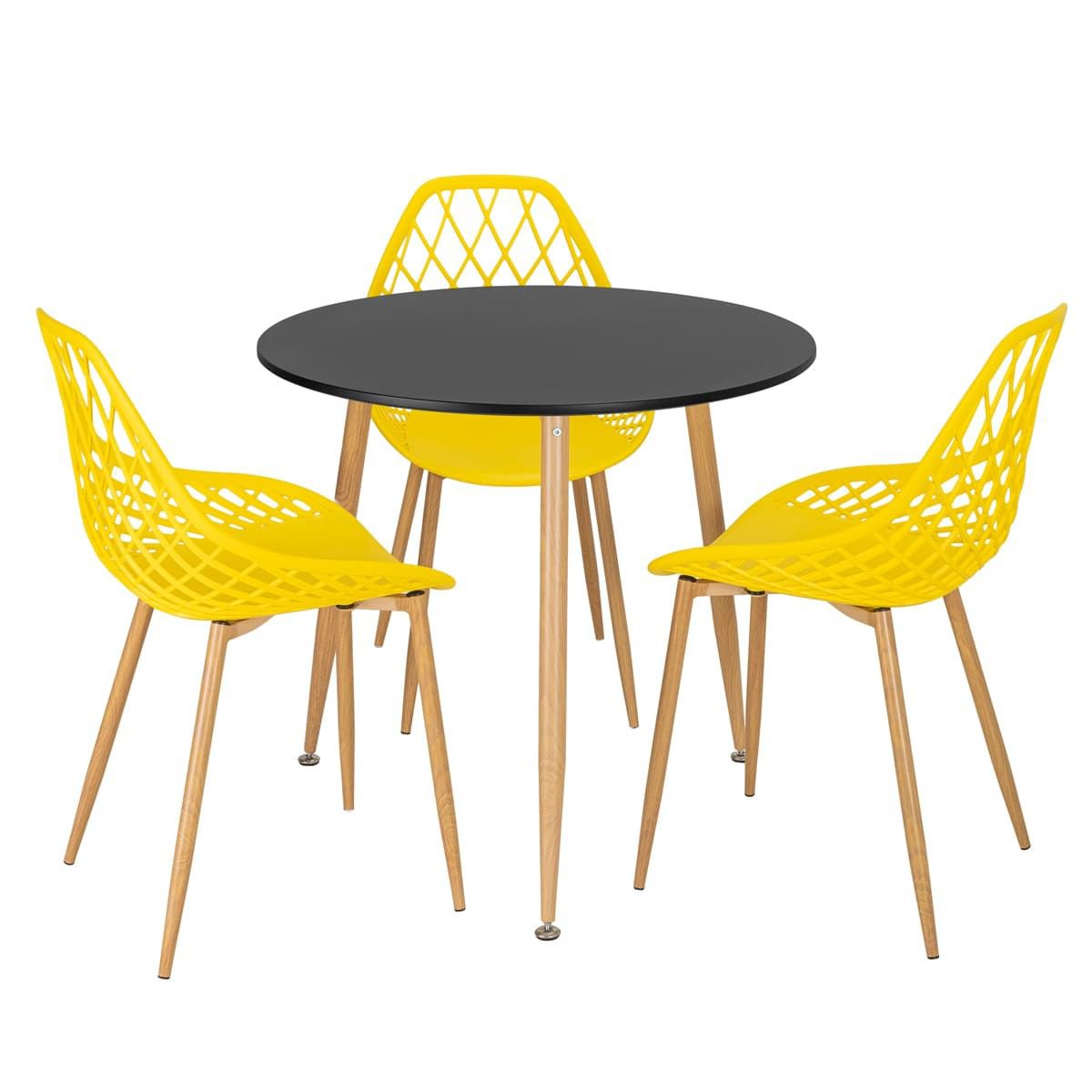 Mesa de jantar redonda 80 cm preto + 3 cadeiras Clarice Cloe Amarelo