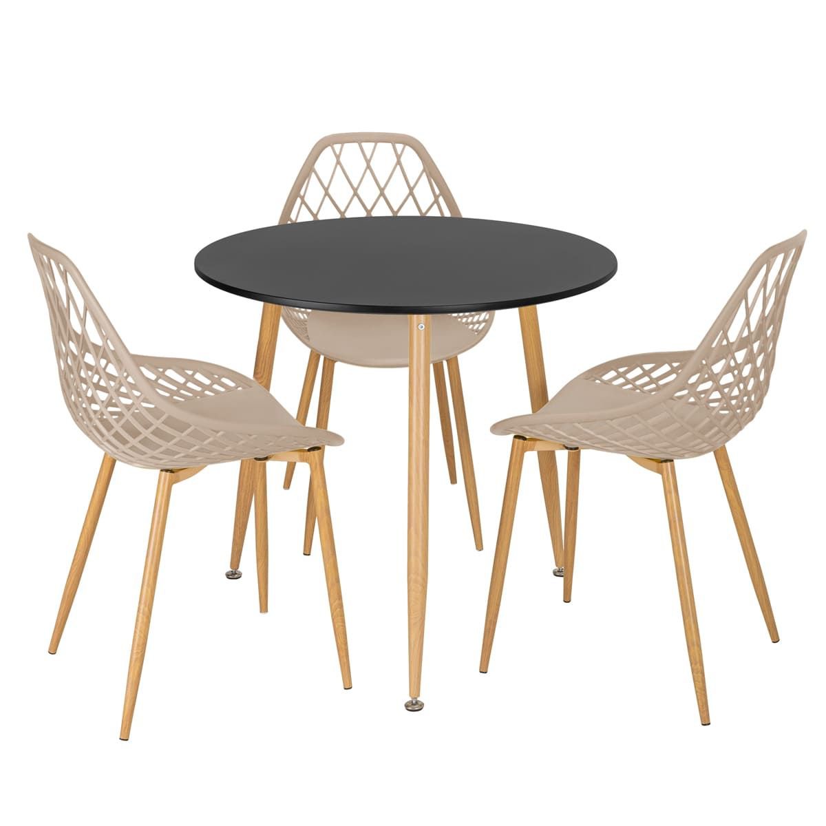 Mesa de jantar redonda 80 cm preto + 3 cadeiras Clarice Cloe Nude